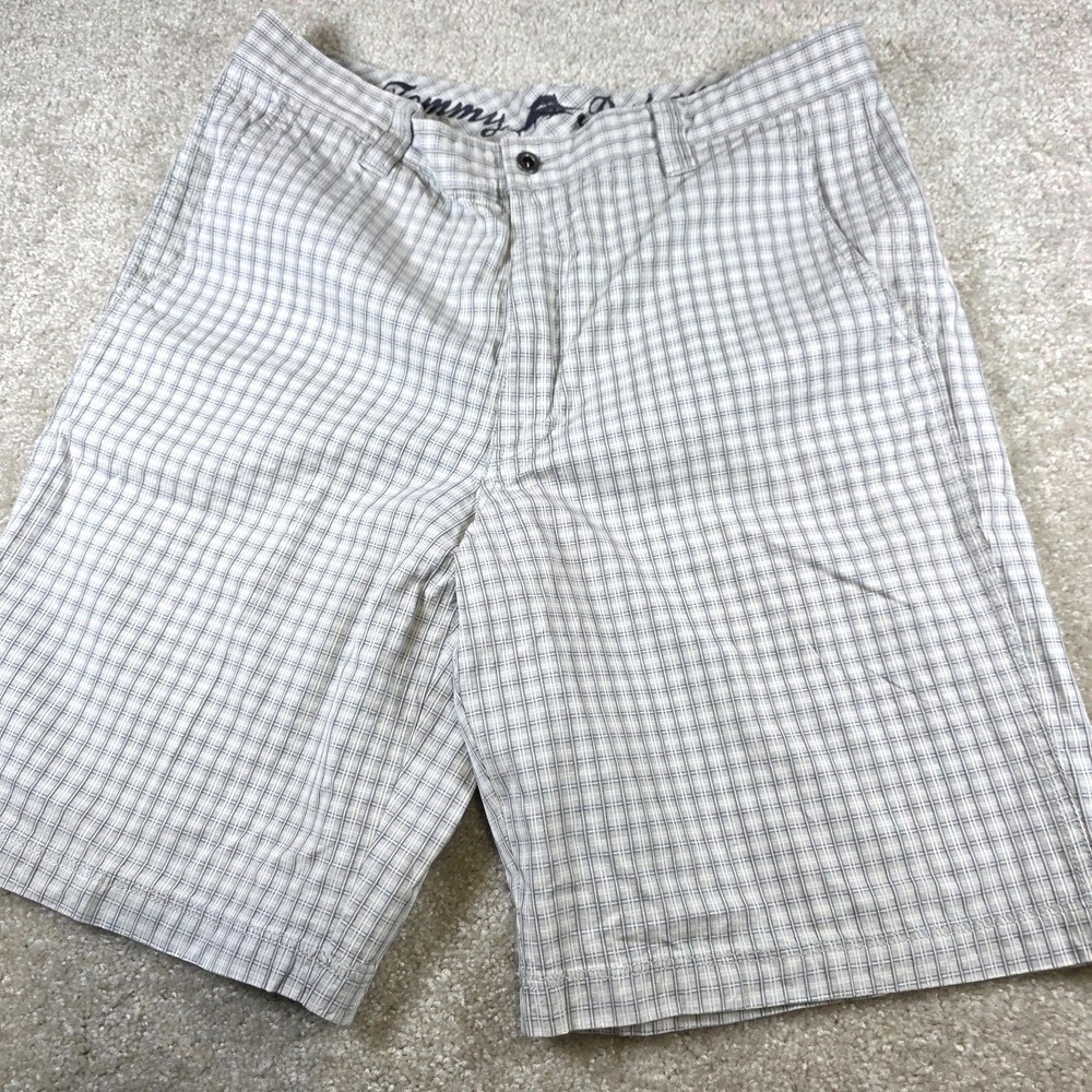 Tommy Bahama Shorts Men 34 Grey White‎ Plaid Silk Cotton Blend Flat Front Casual